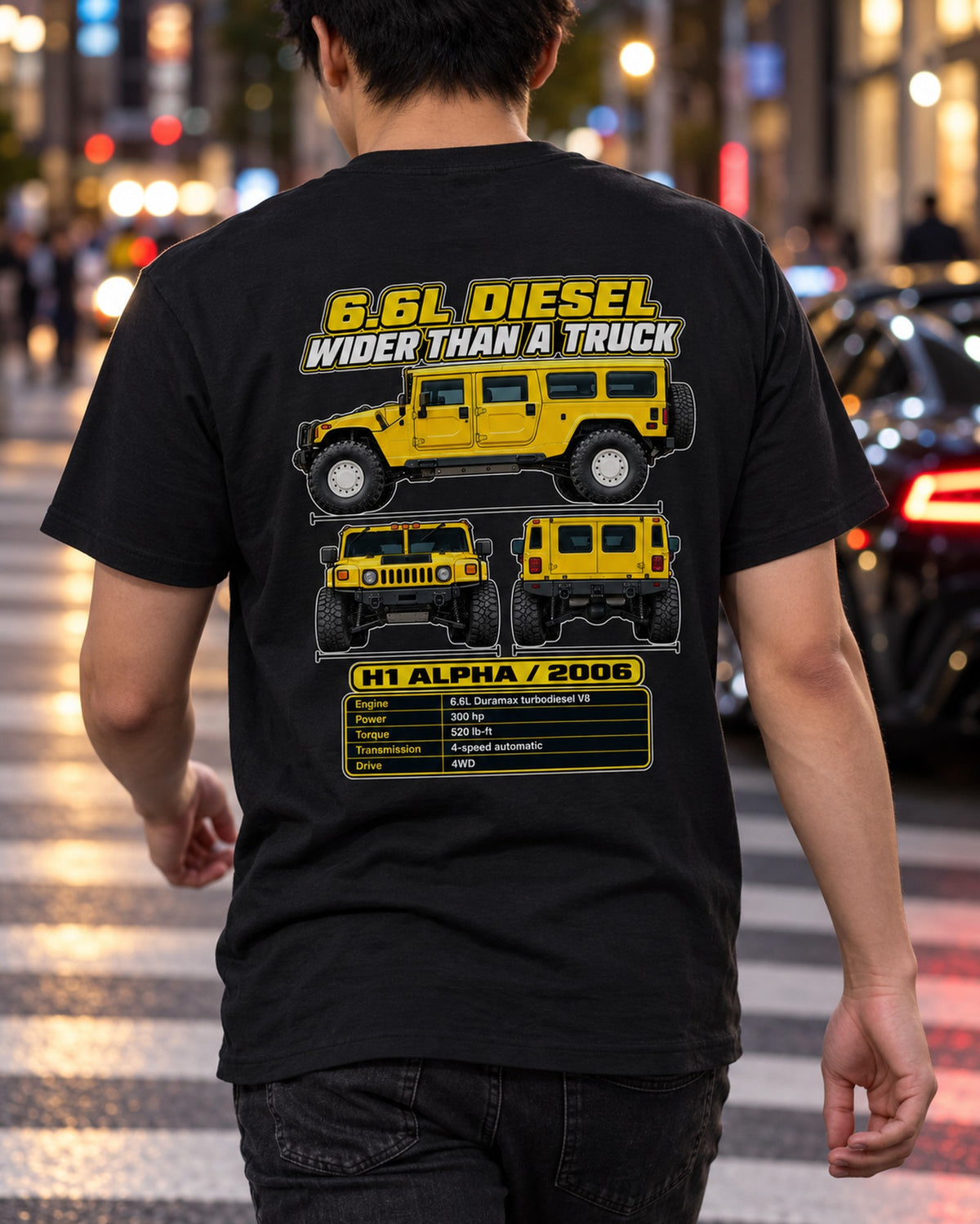 Hummer H1 Alpha Spec Sheet Full-Back Graphic Tee T-Shirt Black worn hero