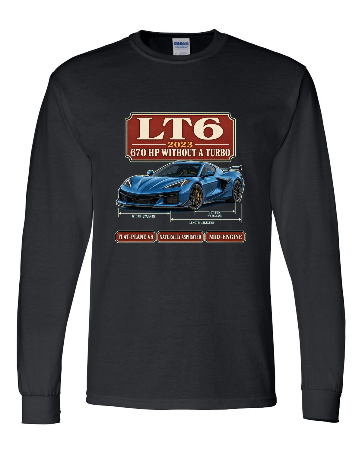 print of a Chevrolet Corvette C8 Z06 in an archive panel layout with LT6 and 670 HP text black long sleeve front view with the design