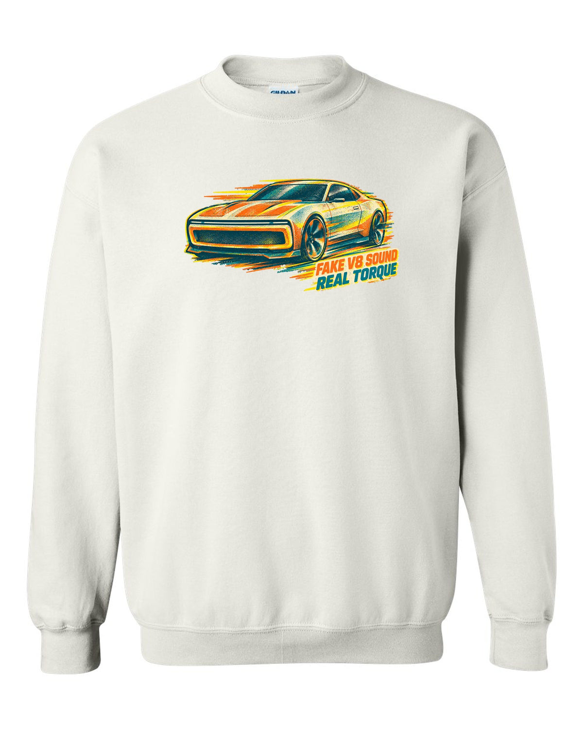 Risograph duotone illustration of a 2024 Dodge Charger Daytona EV white crewneck front view with the design