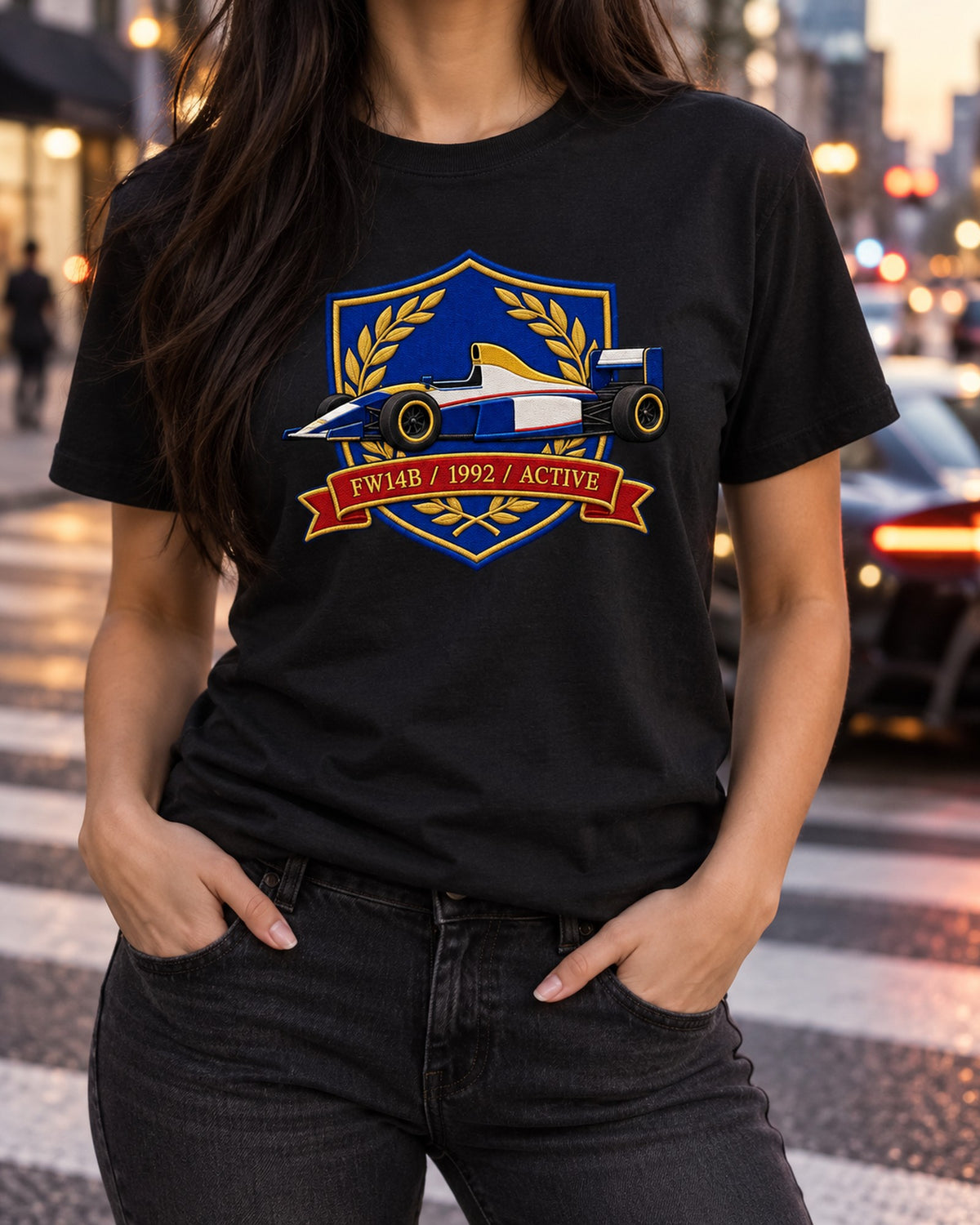 Williams FW14B Varsity Crest Shirt, 1992 Active Suspension T-Shirt Black worn hero