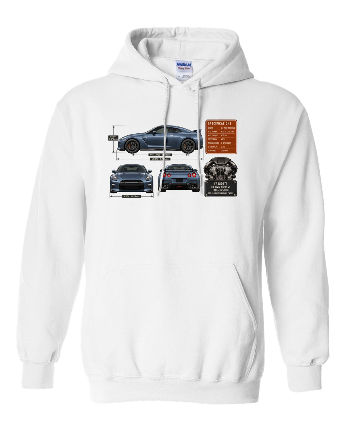 print dimension blueprint of a Nissan GT-R R35 in steel blue white pull over hoodie front view with the design