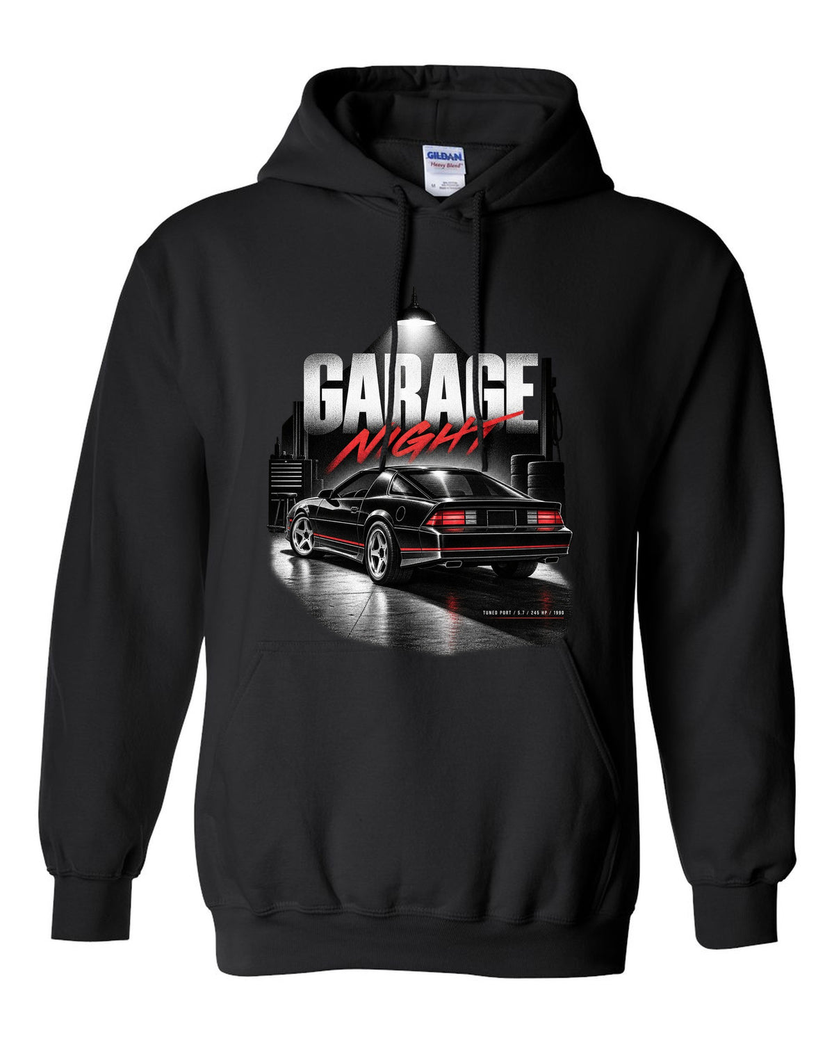 Garage-night print of a 1990 Chevrolet Camaro IROC-Z with tuned port 5.7 245 hp text black pull over hoodie front view with the design
