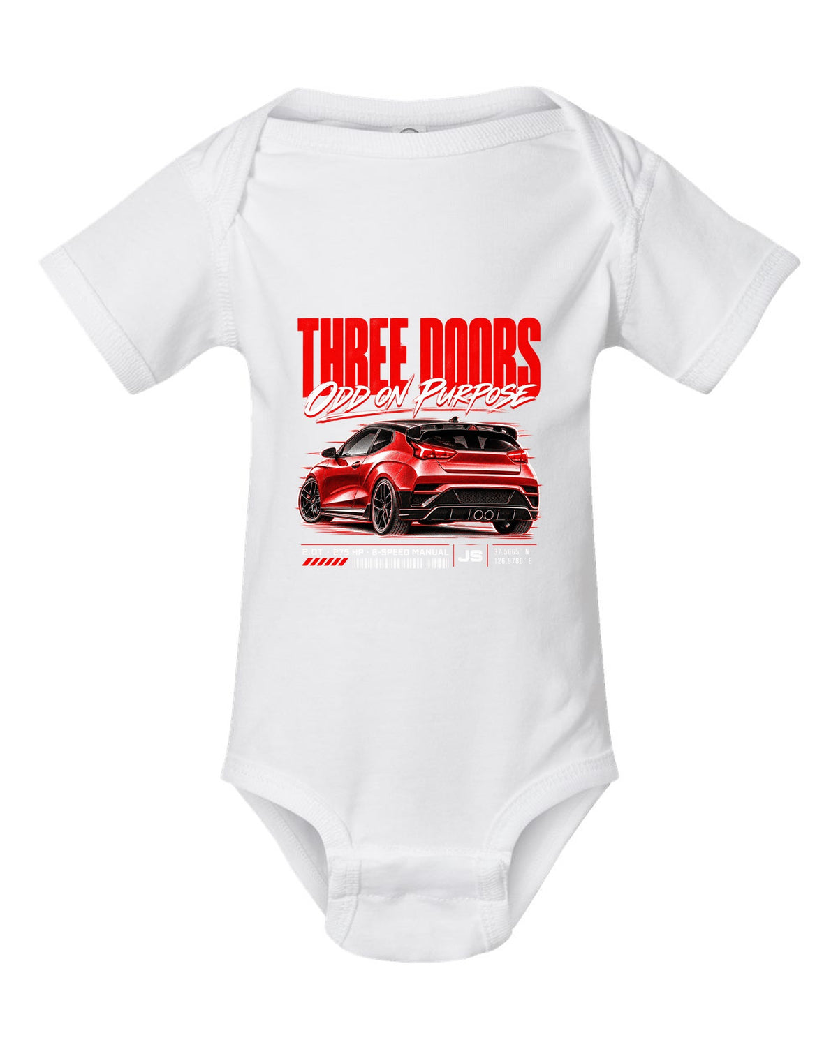 Hyundai Veloster N JS street poster with three doors odd on purpose text white baby onesie front view with the design