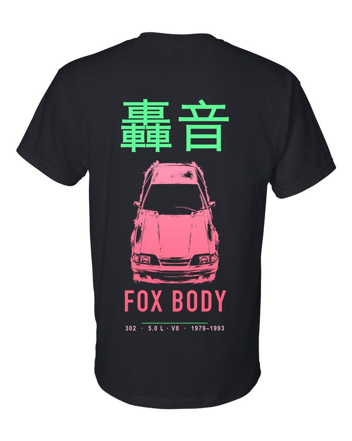 FOX BODY full-back artwork black t-shirt back view with the design