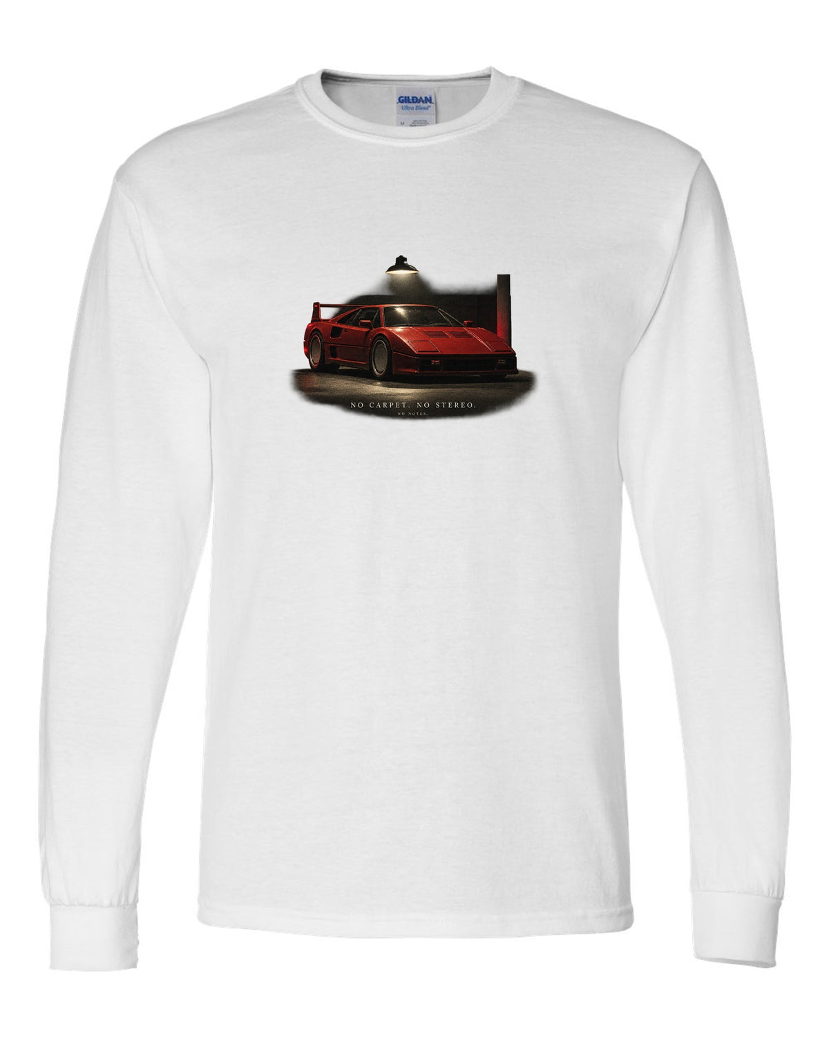 Ferrari F40 1987 front three-quarter at night, print: no carpet, no stereo, no notes white long sleeve front view with the design