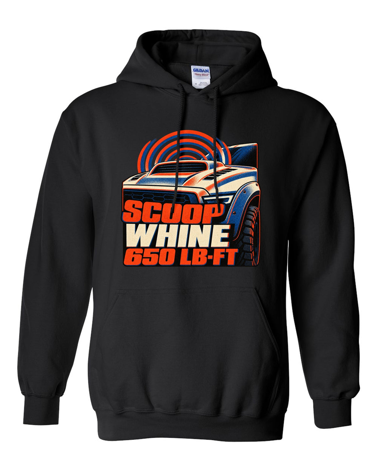 Risograph print of a 2021-2024 Ram 1500 TRX with scoop whine 650 lb-ft text black pull over hoodie front view with the design