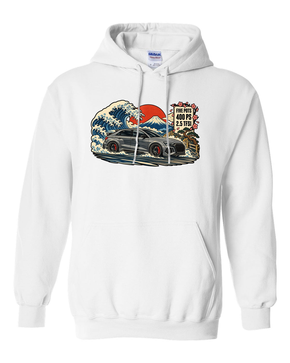 Ukiyo-e woodblock style print of an Audi RS3 8Y with a mountain and 2.5 TFSI text white pull over hoodie front view with the design