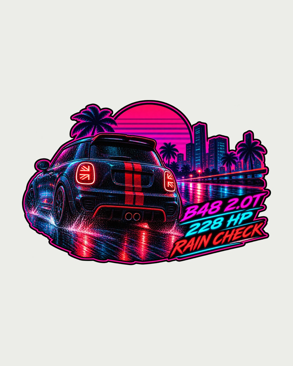 Mini JCW F56 Synthwave Rain Tail Shirt, Union Jack Tail Lights design only