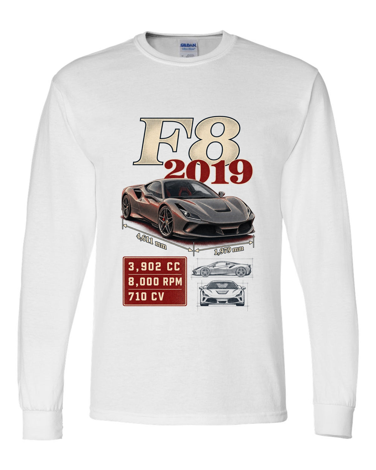 Ferrari F8 Tributo archive panel print listing 3,902 cc, 8,000 rpm, 710 CV white long sleeve front view with the design