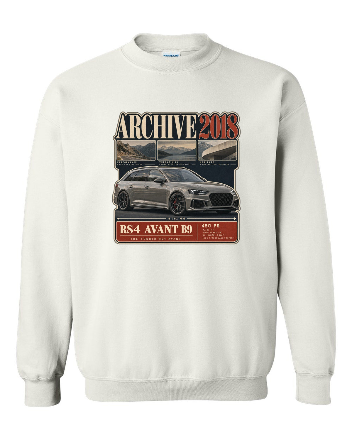 Audi RS4 Avant B9 archive panel print marked 2018 with 450 PS white crewneck front view with the design
