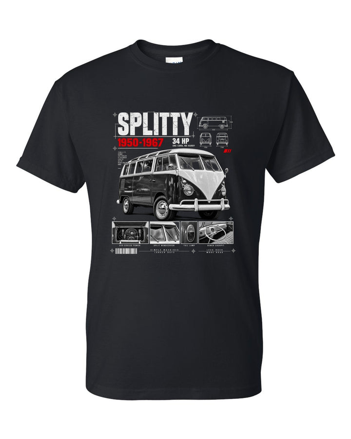 Dossier panel print of a 1962 VW T1 split-window Kombi with spec text black t-shirt front view with the design