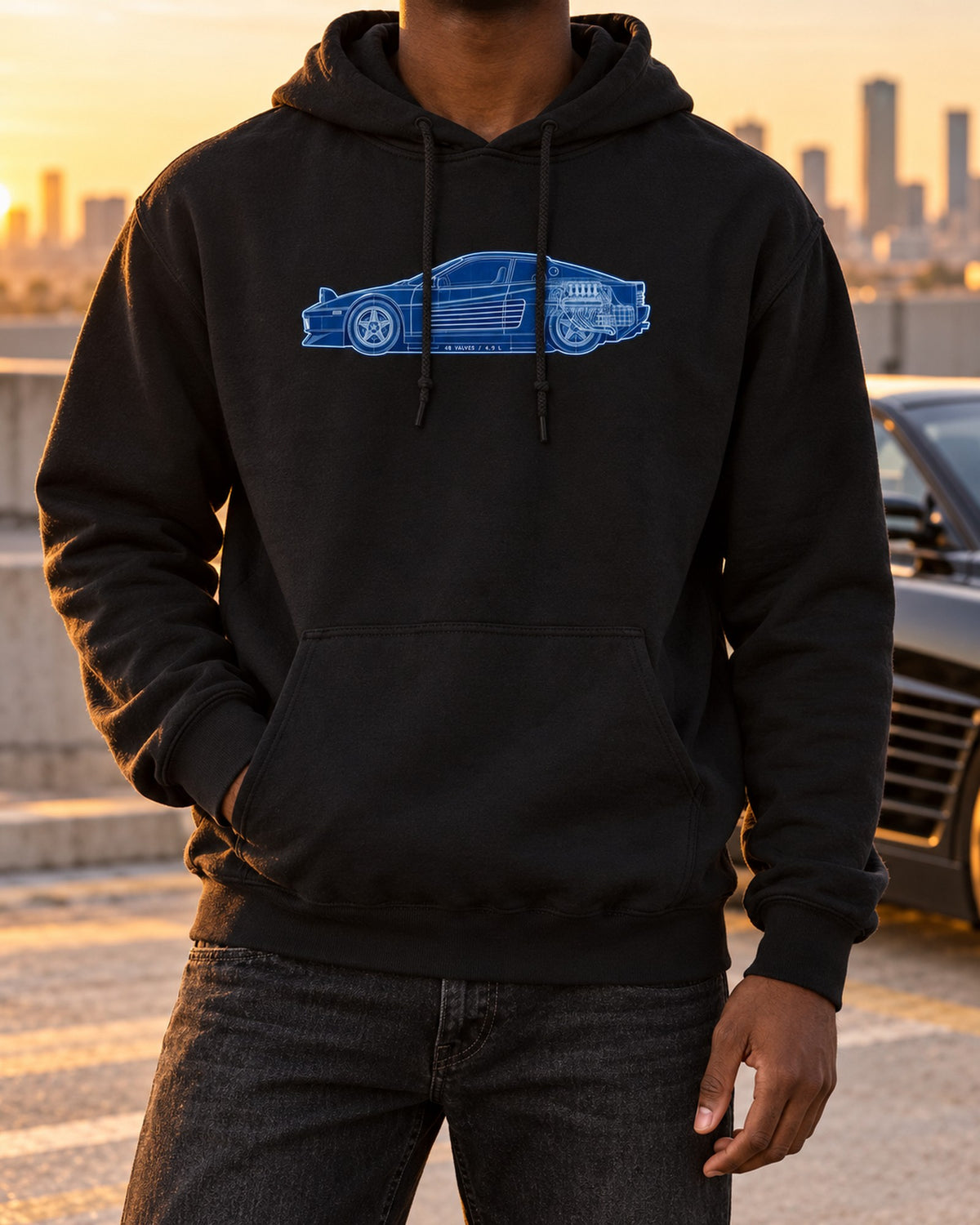 Ferrari Testarossa F110 Flat-12 Cyanotype Blueprint Tee Pull Over Hoodie Black worn hero