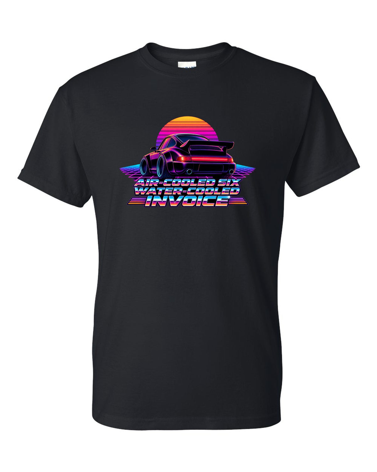 Synthwave gradient print of a Porsche 911 Turbo 964 with air-cooled six water-cooled invoice lettering black t-shirt front view with the design