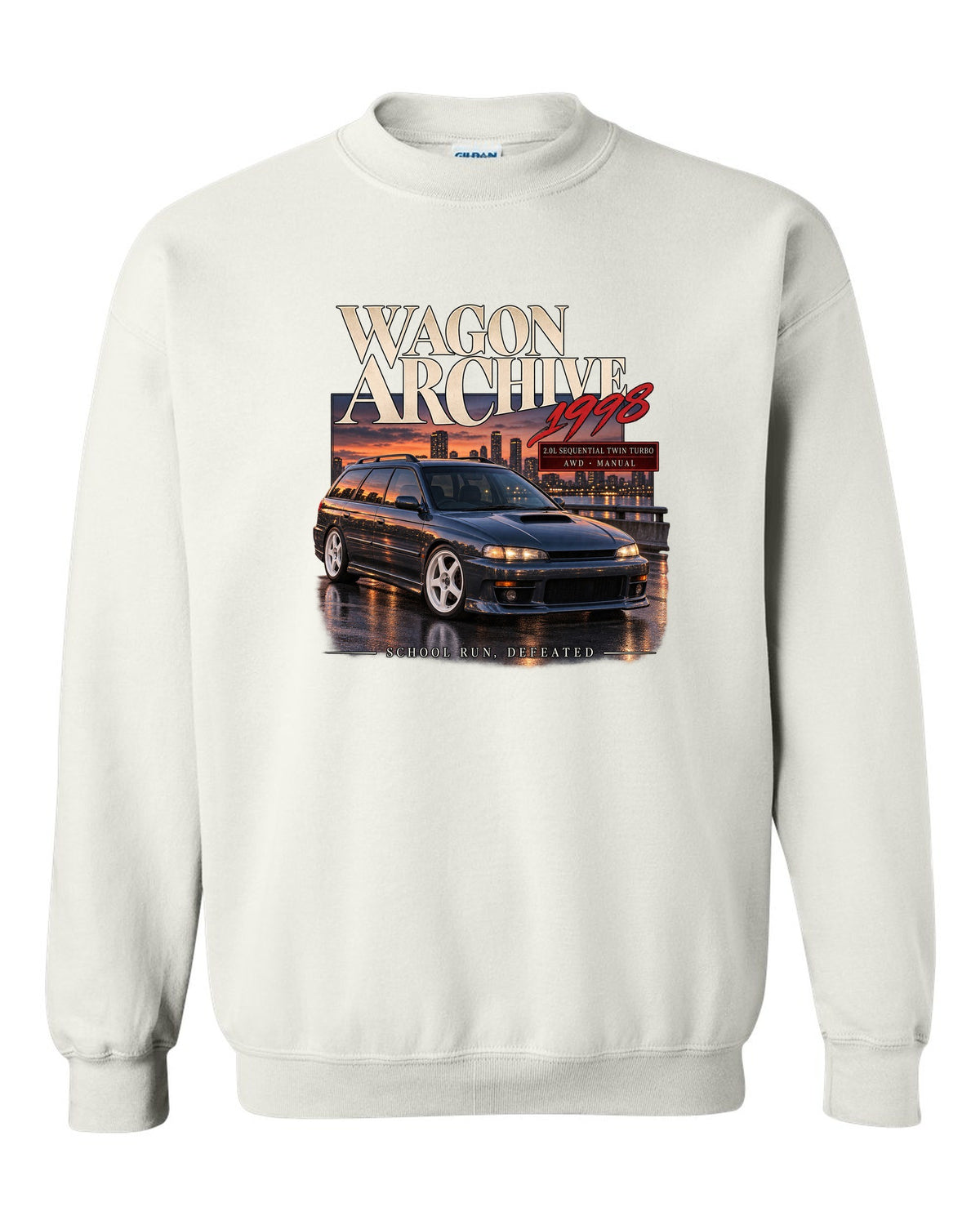 Wagon archive print for the Subaru Legacy GT-B BH5 reading 2.0L sequential twin turbo, school run, defeated white crewneck front view with the design