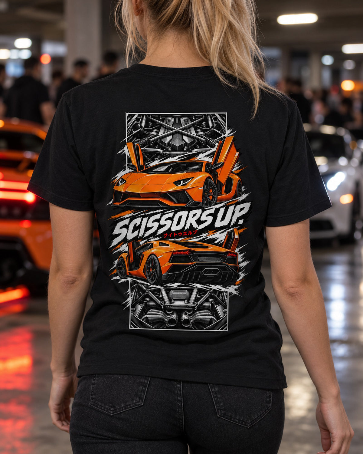 Lamborghini Aventador Torn Poster Full-Back Graphic Tee T-Shirt Black worn hero