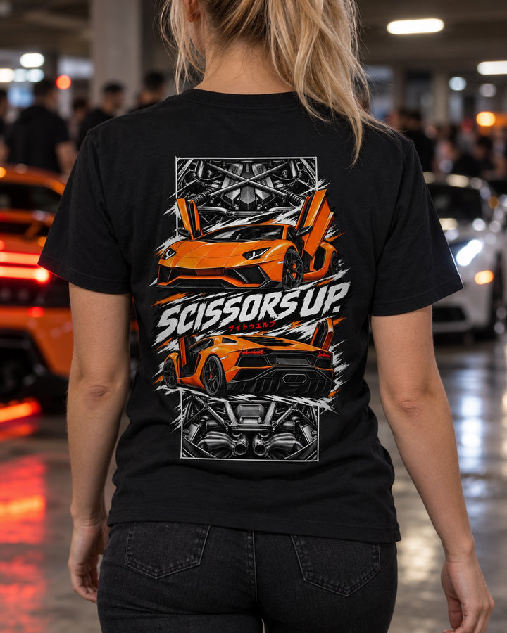 Lamborghini Aventador Torn Poster Full-Back Graphic Tee T-Shirt Black worn hero