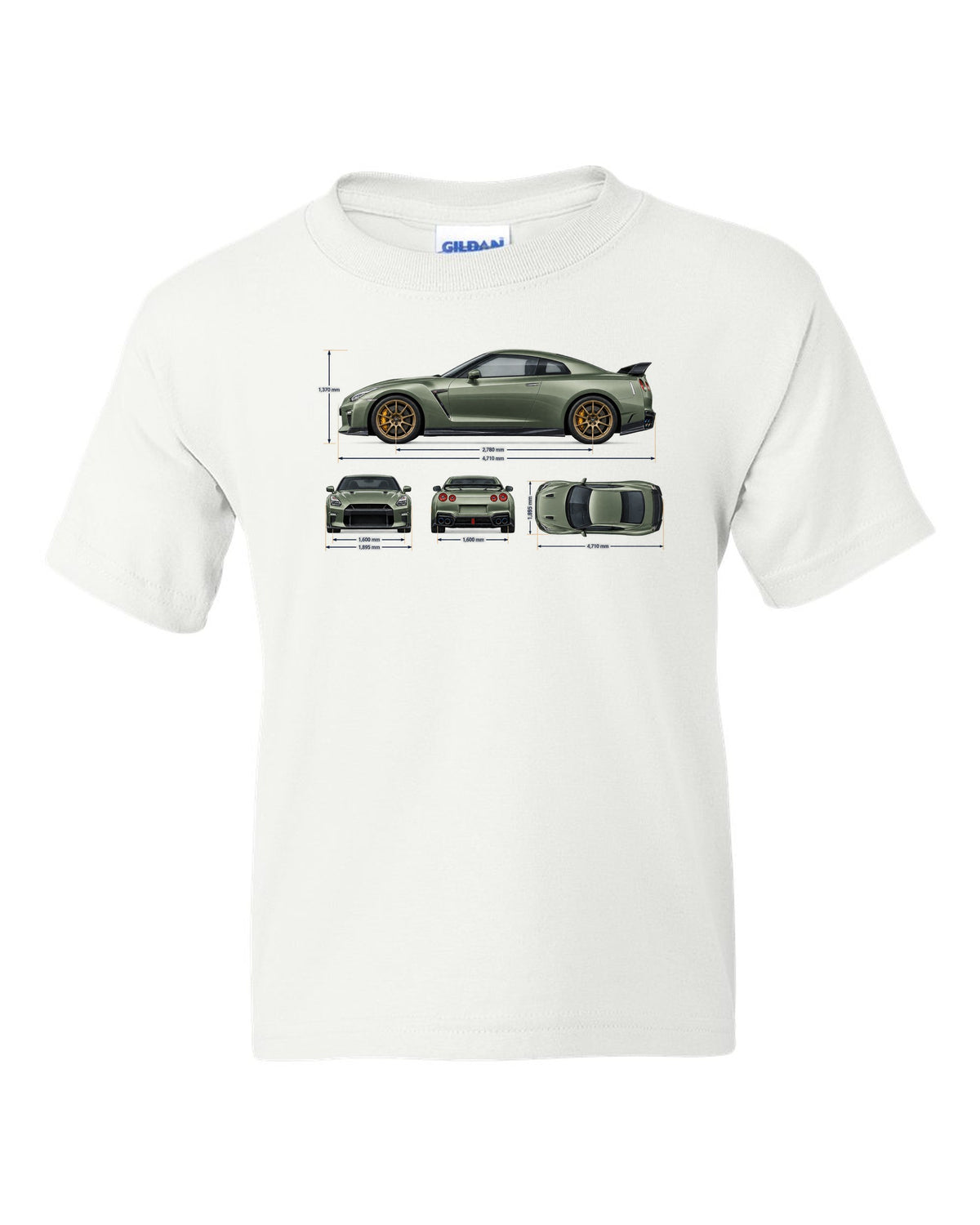 Nissan GT-R R35 rear three-quarter in red halftone showing four round taillights white kids tee front view with the design