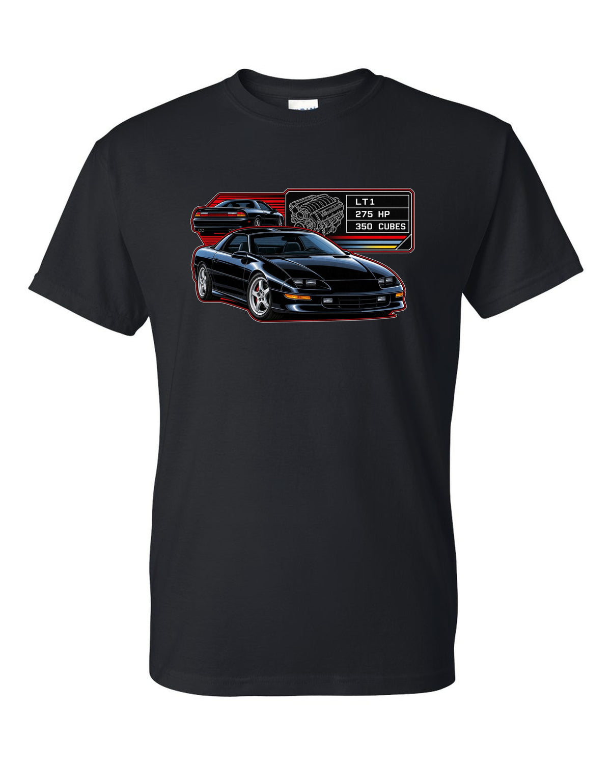 1993 Camaro Z28 fourth-generation spec plate design with the text LT1 275 HP 350 Cubes black t-shirt front view with the design