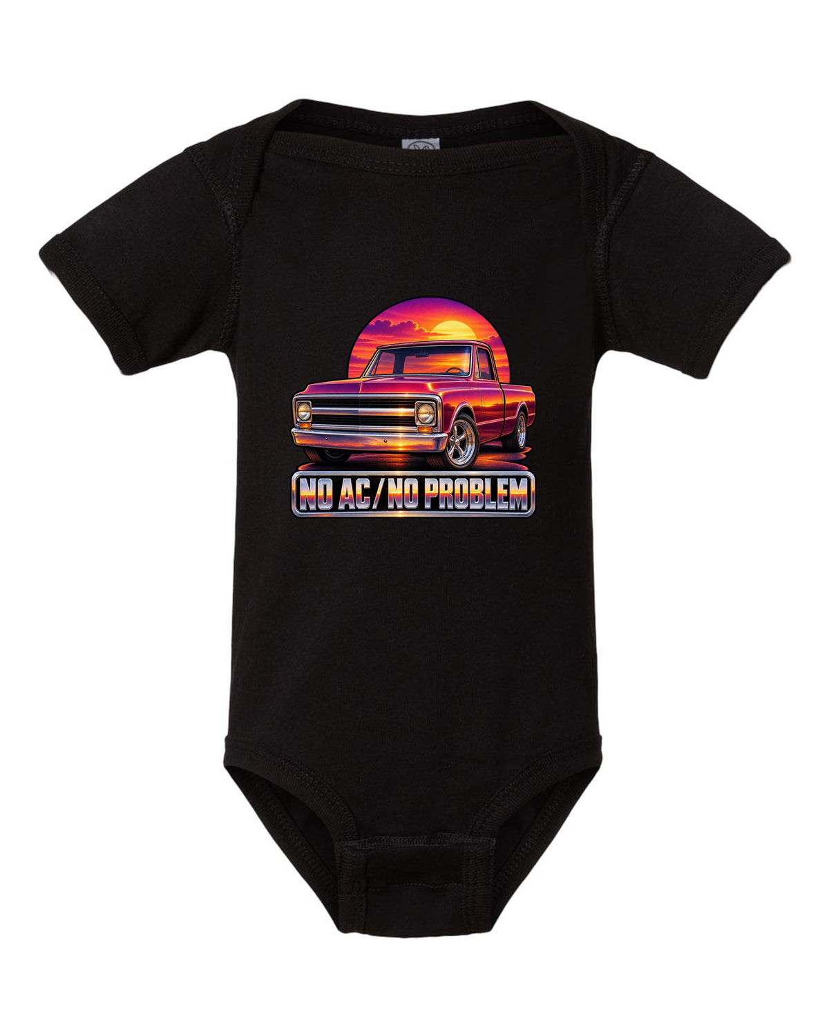 70s airbrush sunset grille print of a 1967-72 Chevrolet C10 Action Line Fleetside with no AC text black baby onesie front view with the design