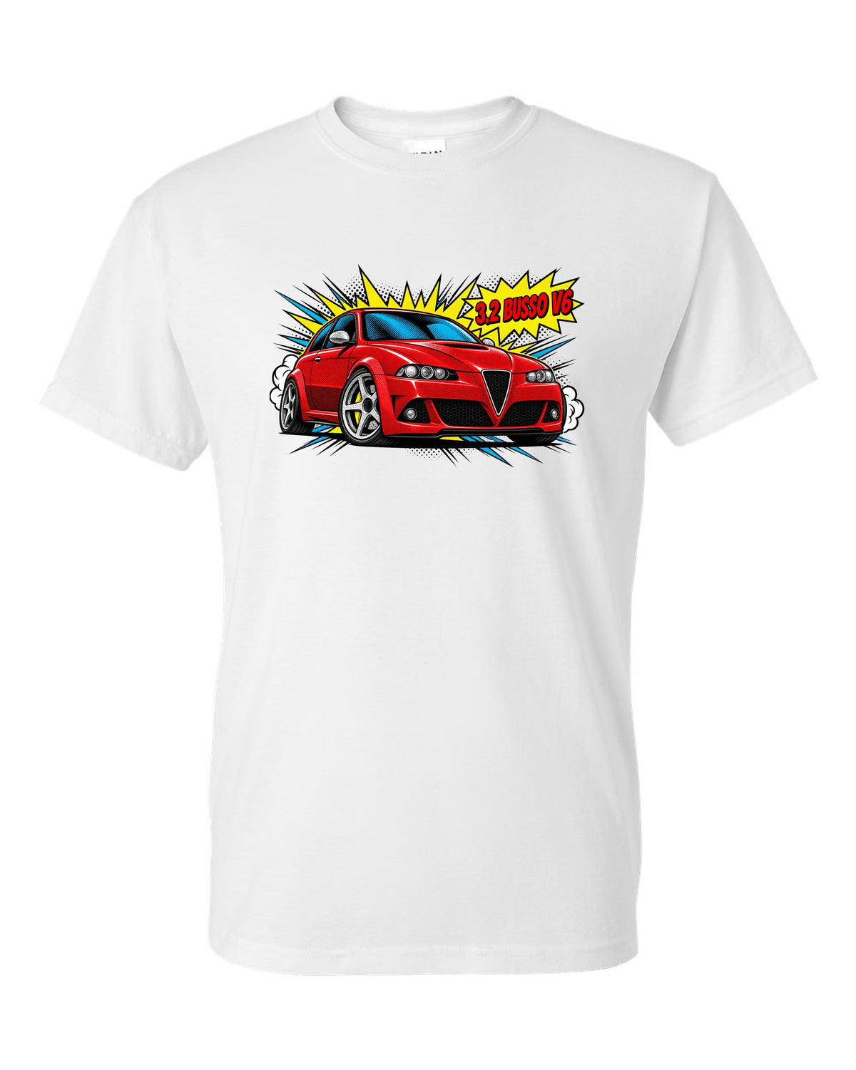 Comic halftone pop-art illustration of an Alfa Romeo 147 GTA with 3.2 Busso V6 text white t-shirt front view with the design