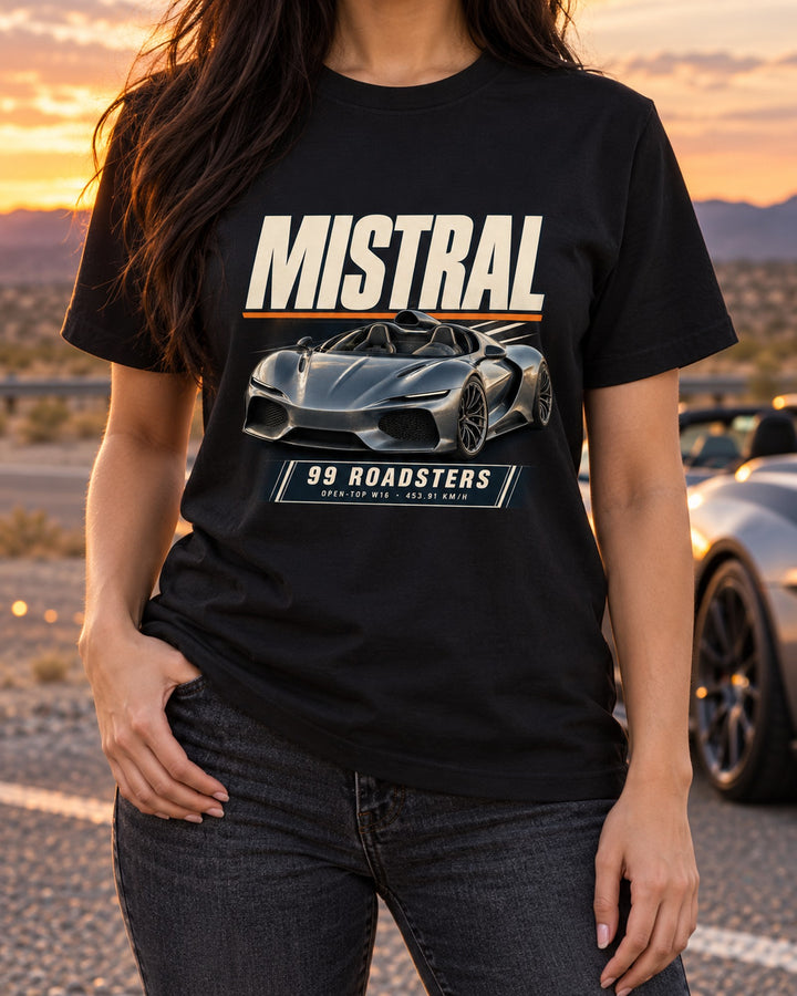 Bugatti Mistral Roadster Editorial Headline Shirt, W16 Car Tee T-Shirt Black worn hero