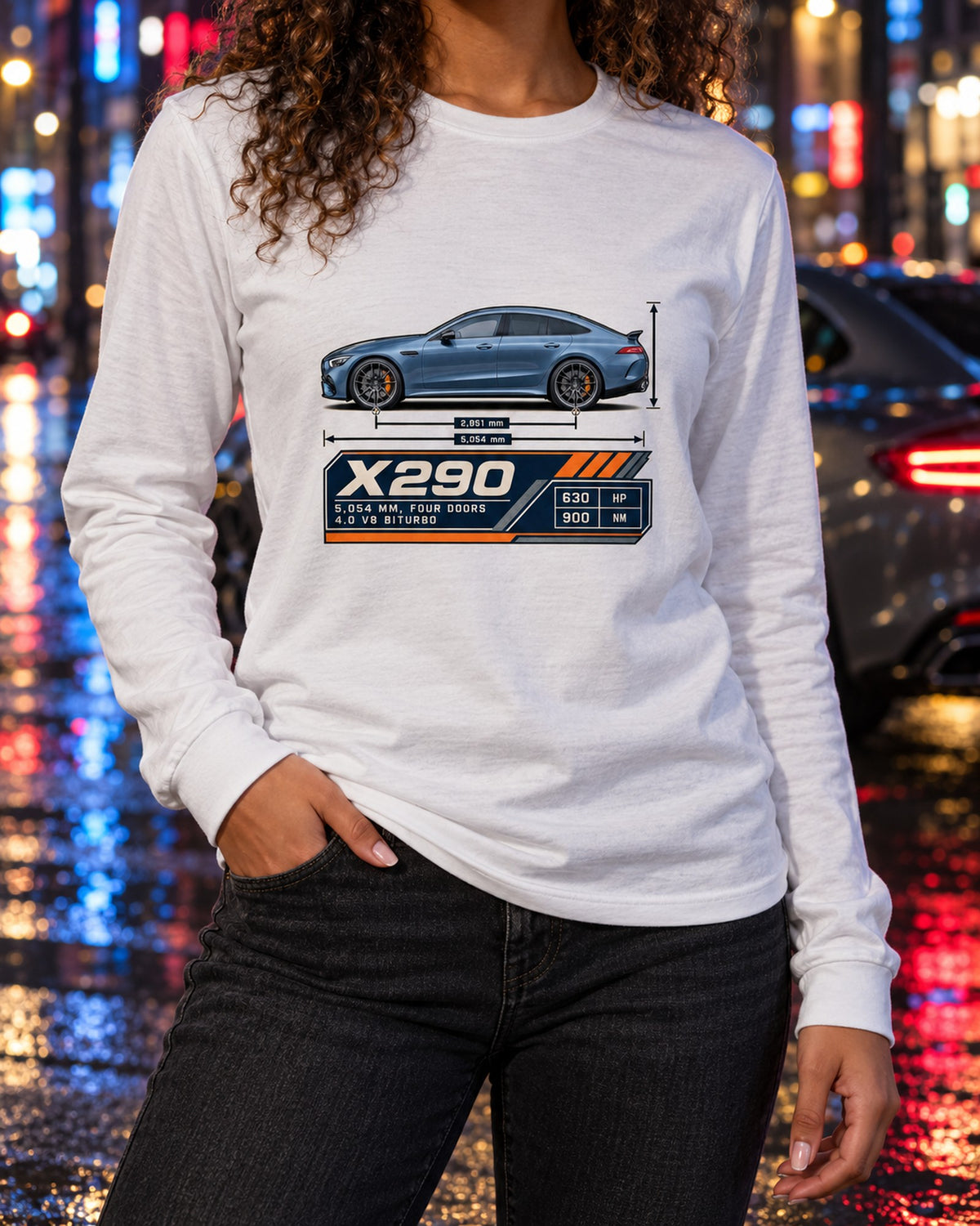 AMG GT 63 S 4-Door X290 Dimension Blueprint Tee, Steel Blue Long Sleeve White worn hero