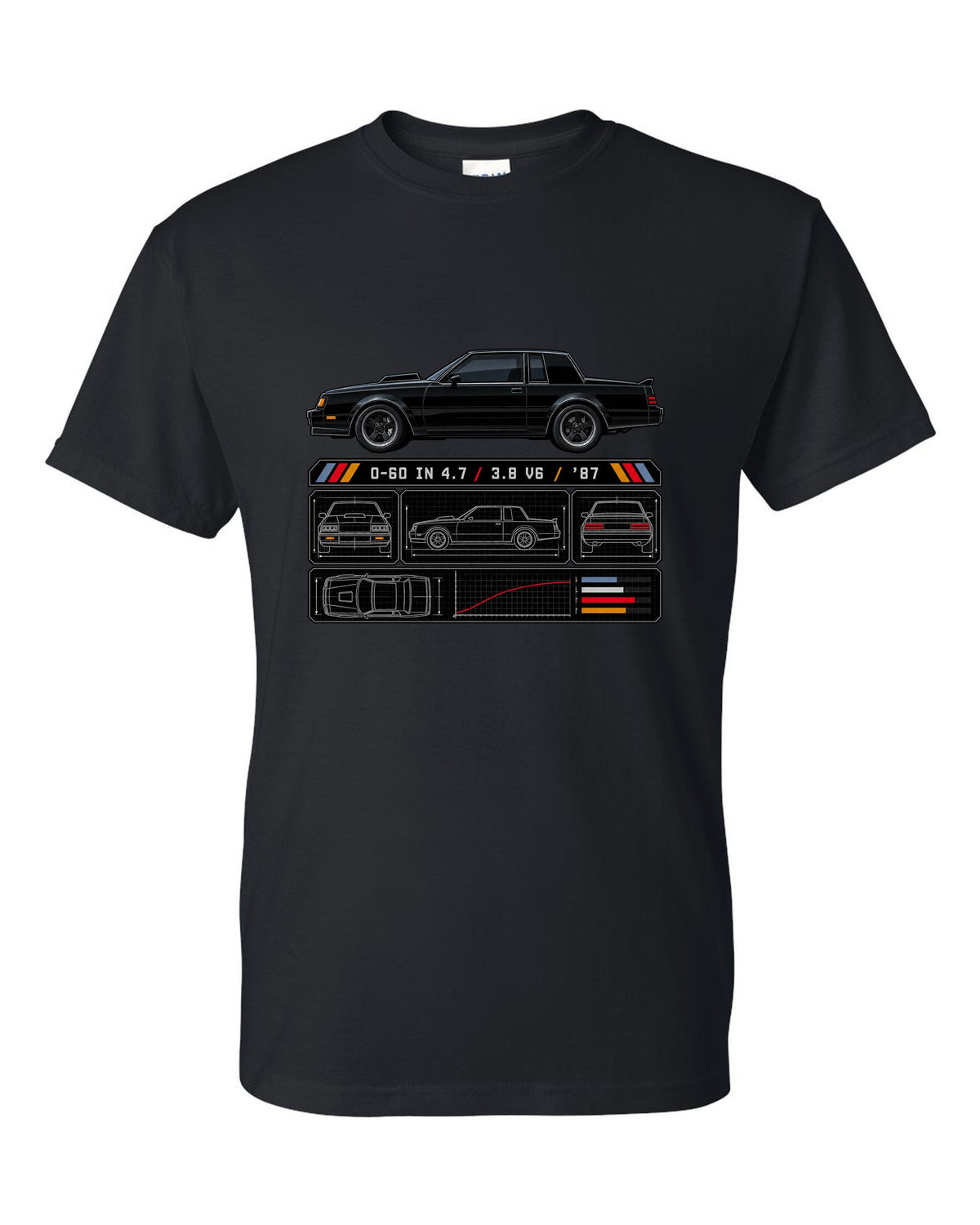 Spec-sheet print for a 1987 Buick Grand National with the text 0-60 in 4.7, 3.8 V6, '87 black t-shirt front view with the design