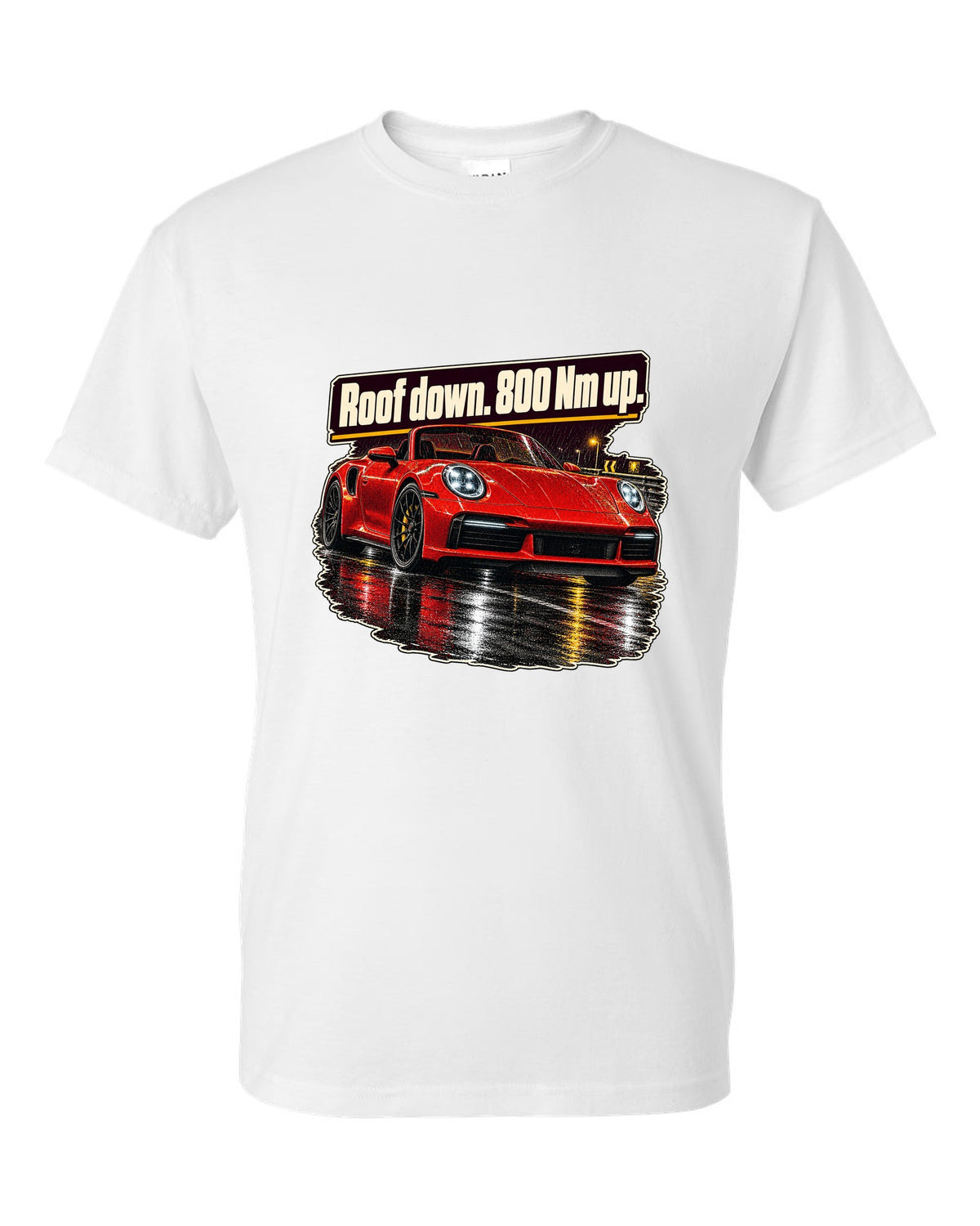 Night street print of a Porsche 992 Turbo S Cabriolet with roof down white t-shirt front view with the design