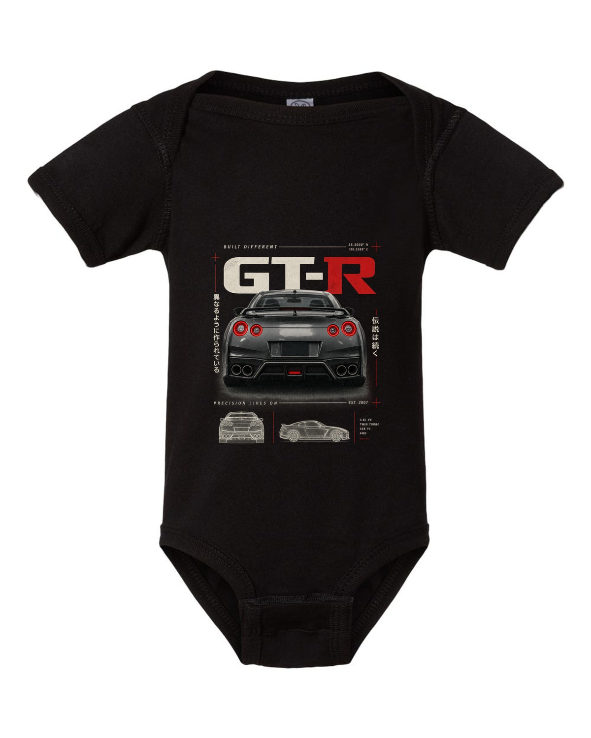 Toyota GR Supra A90 dimension blueprint in warm graphite grey with B58 spec callouts black baby onesie front view with the design