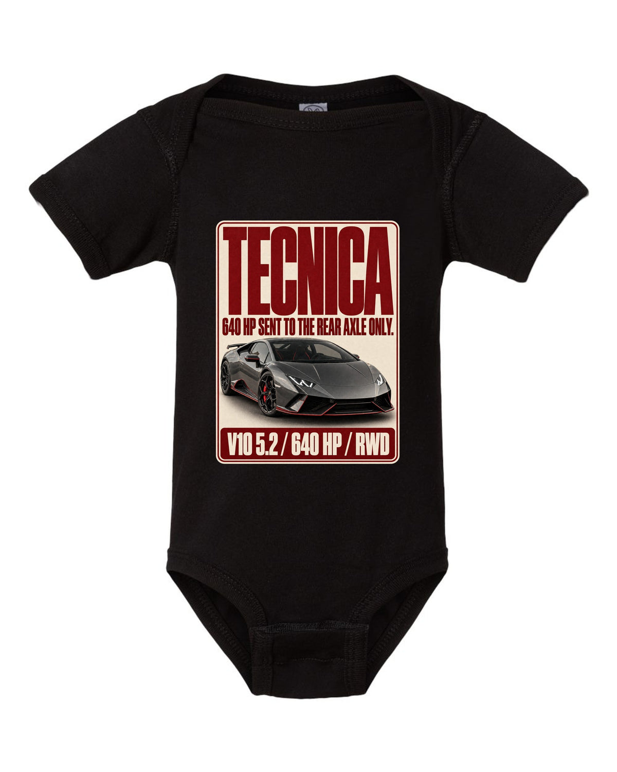 Editorial headline print of the Lamborghini Huracan Tecnica black baby onesie front view with the design