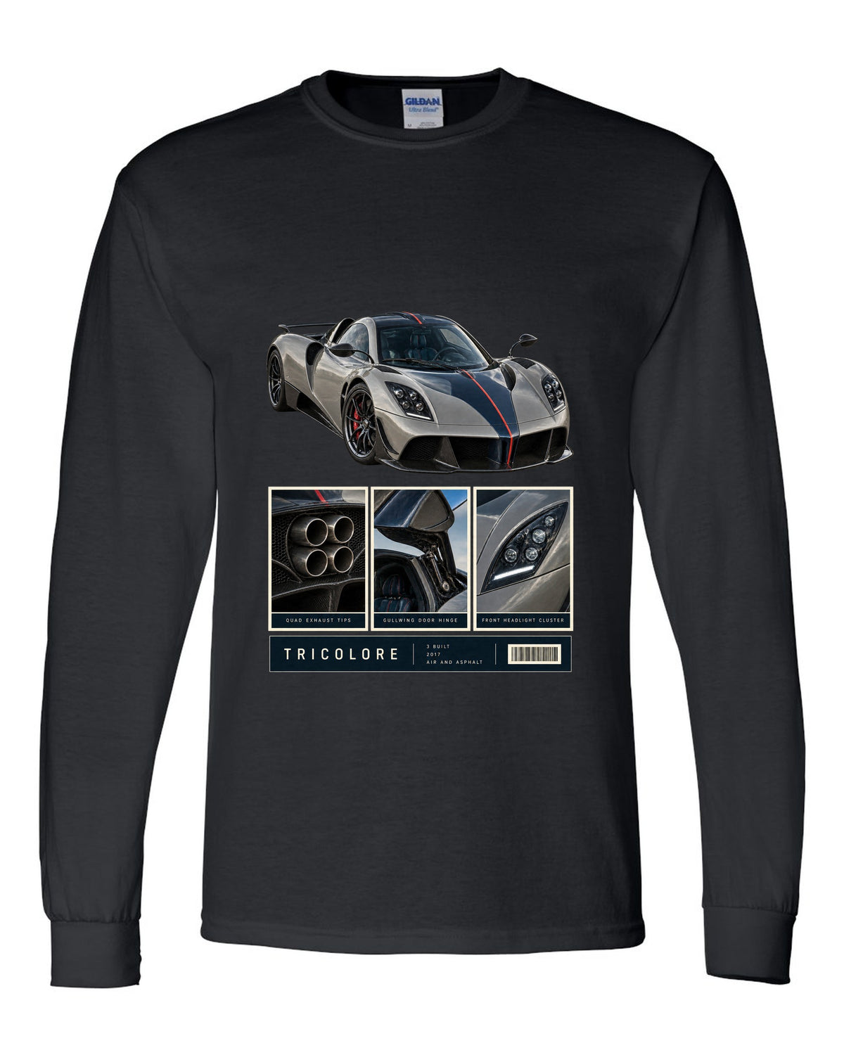 Dossier panel print of the Pagani Huayra Tricolore with the text Tricolore, 3 built, 2017, air and asphalt black long sleeve front view with the design