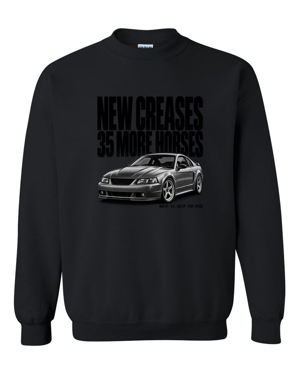 Halftone print of a 1999 Ford Mustang New Edge GT coupe black crewneck front view with the design