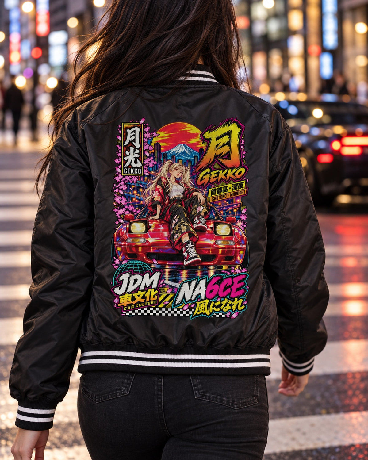 GEKKO NA6CE Anime Girl Full-Back Graphic Tee Bomber Jacket Black worn hero