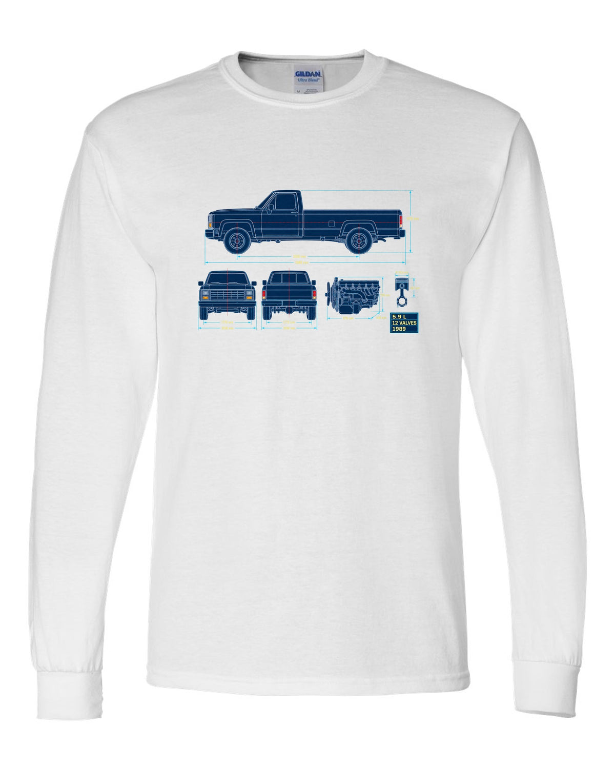 Blueprint line art print of a 1989-1993 Dodge Ram D250 Cummins with 5.9 L and 12 valves white long sleeve front view with the design