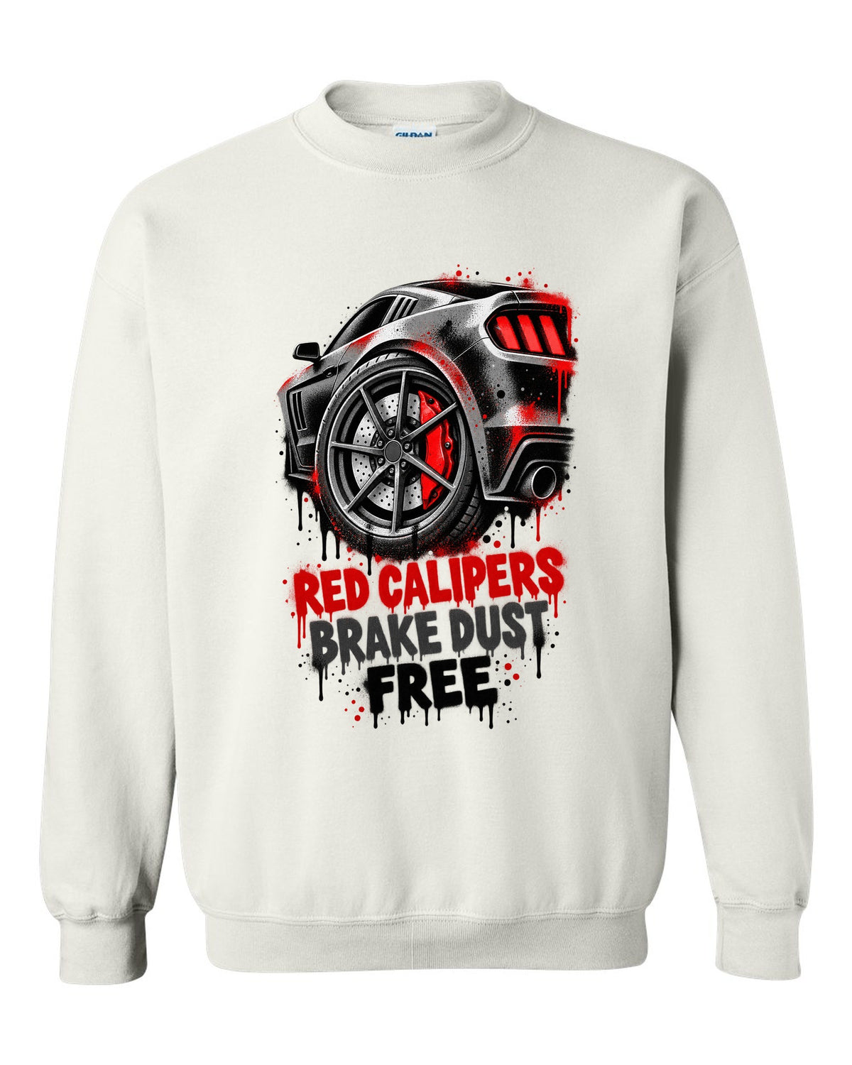 Stencil spray street art print of Kia Stinger GT CK red calipers with brake dust text white crewneck front view with the design