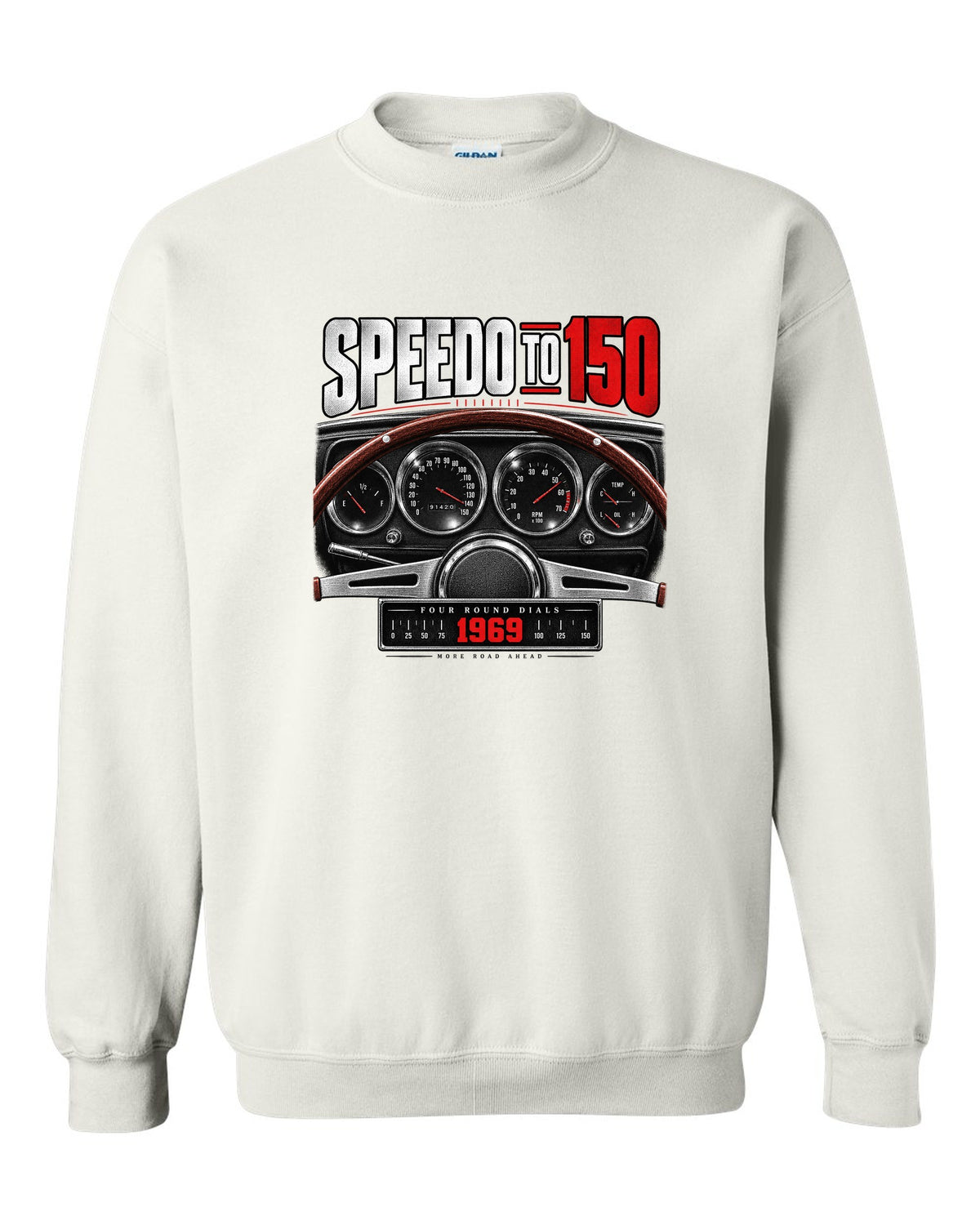Cockpit gauge print of a 1969 Dodge Charger R/T with four round dials and a 150 speedometer white crewneck front view with the design