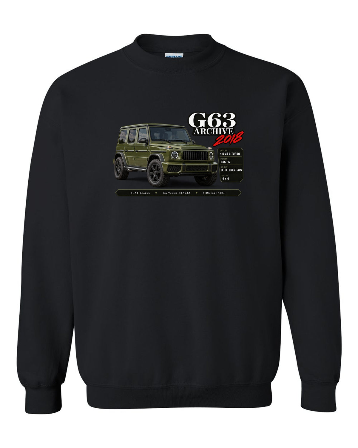 Archive panel print of a Mercedes-AMG G63 W464 with G63 Archive 2018 lettering black crewneck front view with the design