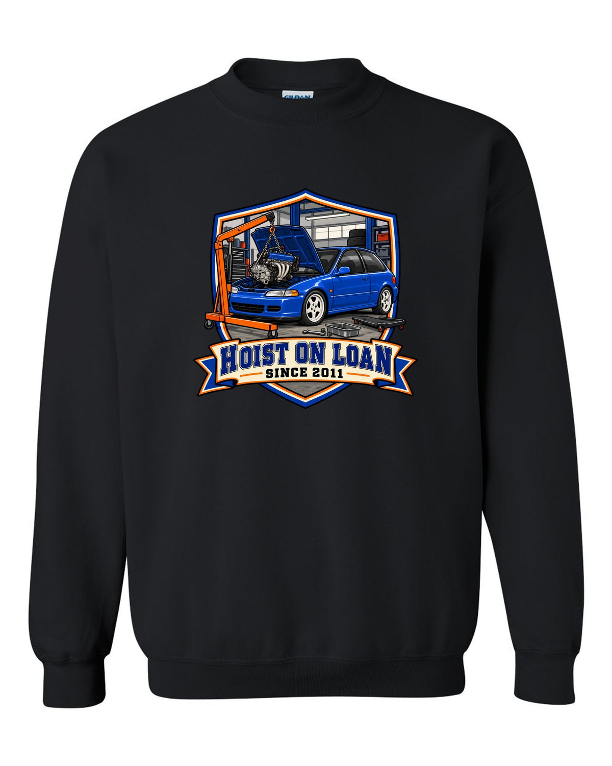 Embroidery patch style print of a 1992 Honda Civic EG6 ch with hoist on loan since 2011 text black crewneck front view with the design
