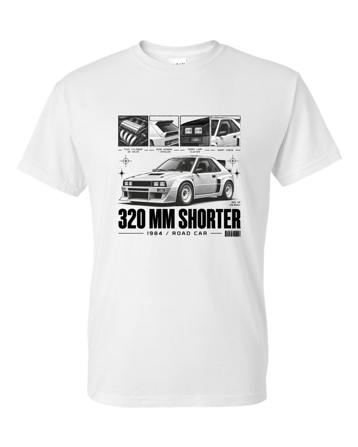 Audi Sport Quattro SWB 1984 Dossier white t-shirt front view with the design
