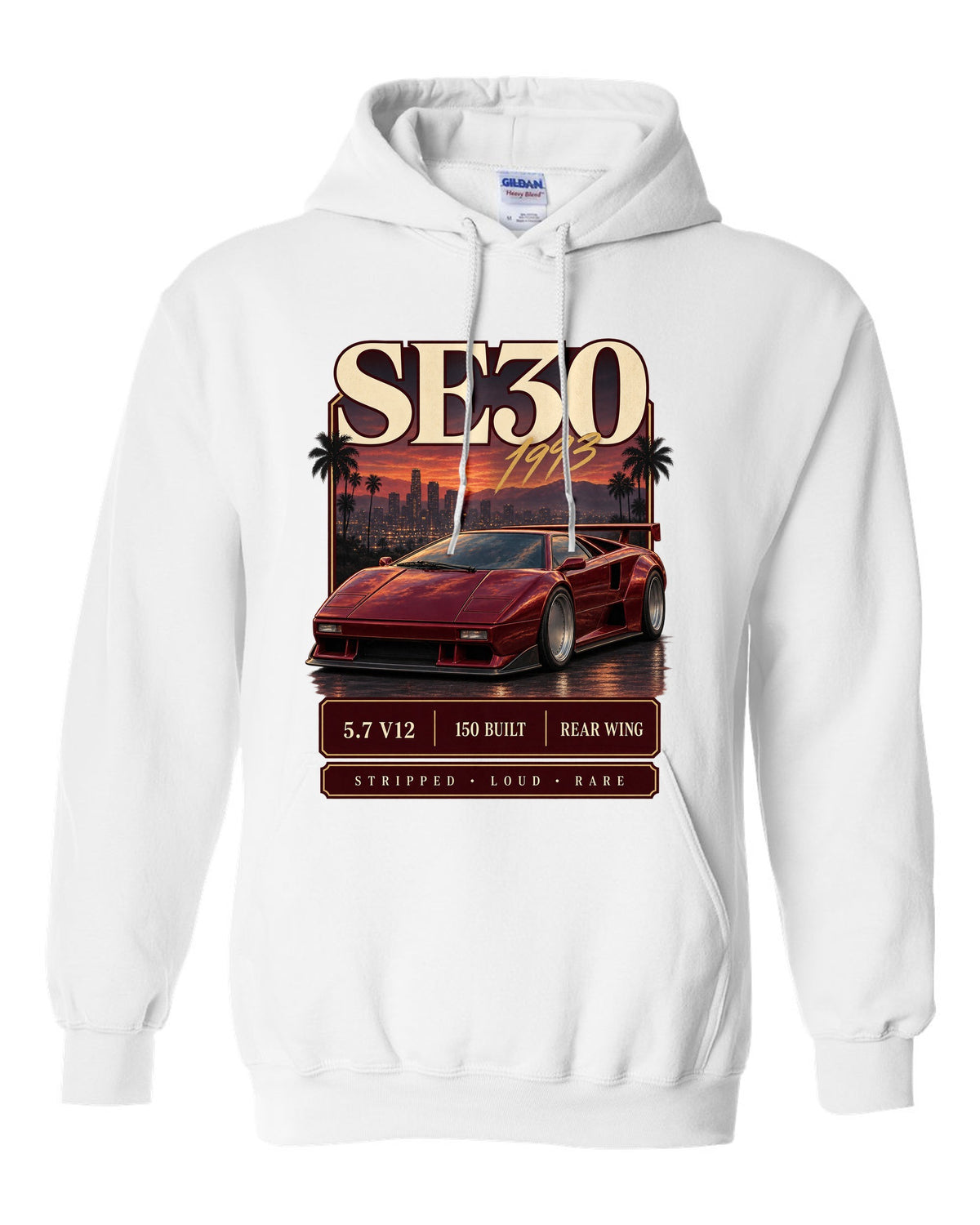 Archive panel print of a Lamborghini Diablo SE30 with 5.7 V12 and 150 built text white pull over hoodie front view with the design