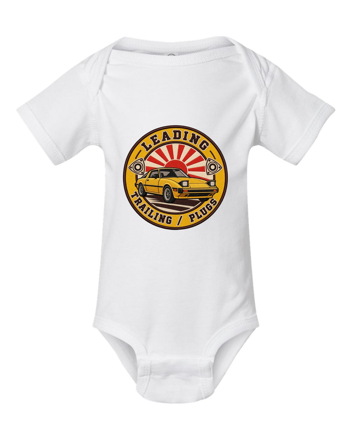 Embroidery-style roundel crest of a Mazda RX-7 SA22C with rotary plug text white baby onesie front view with the design