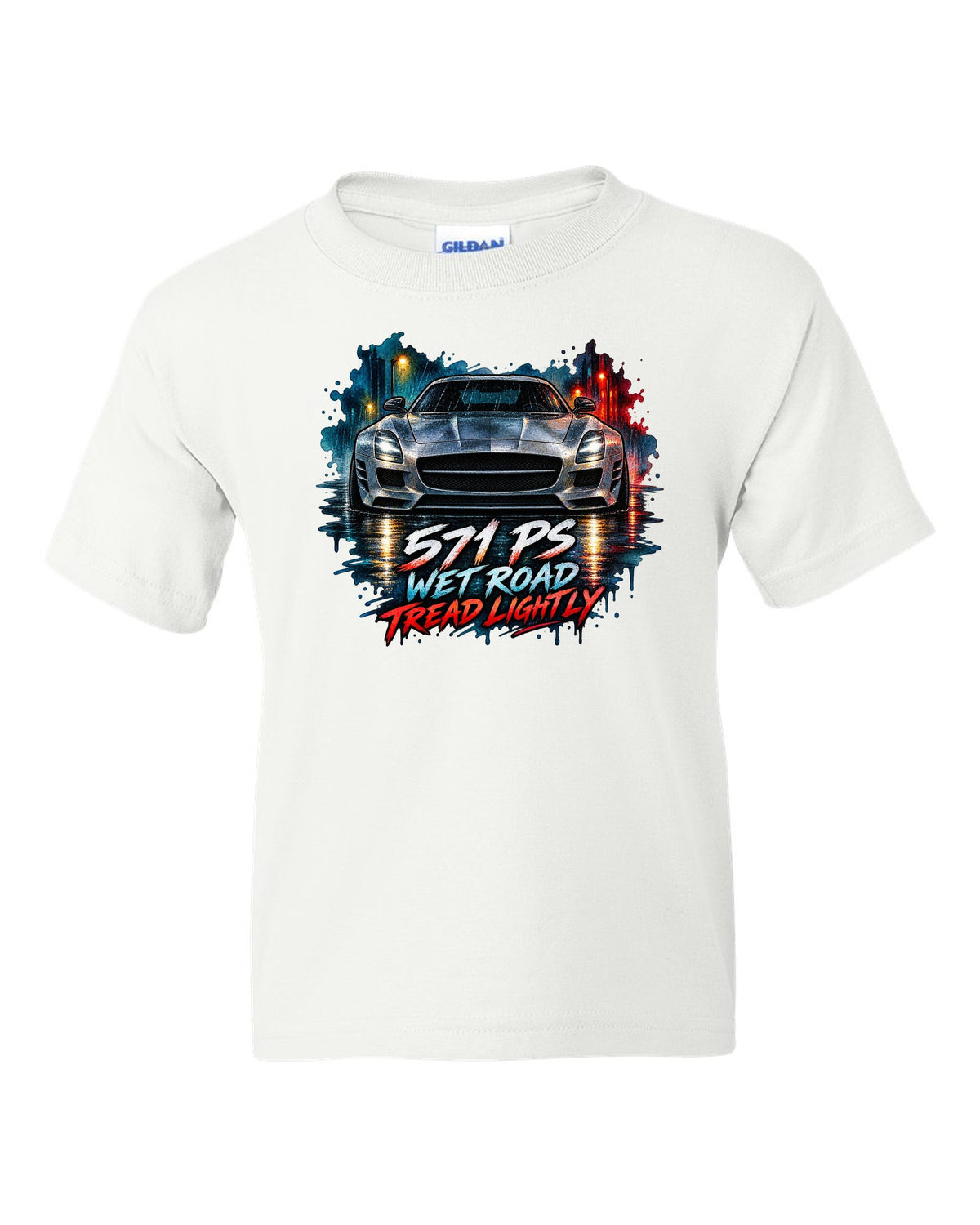 Watercolour illustration of a Mercedes SLS AMG C197 on a wet night road with 571 PS text white kids tee front view with the design