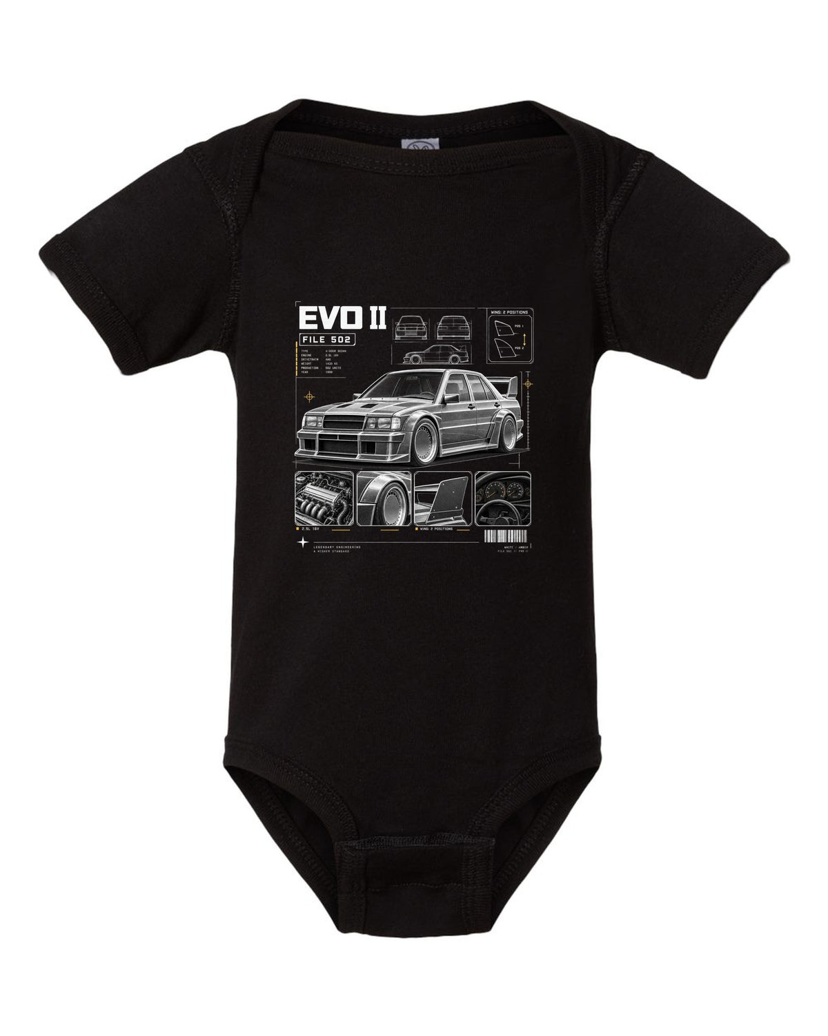 print dossier panels of a Mercedes 190E Evolution II W201 listing file 502, 2.5L 16V and wing positions black baby onesie front view with the design
