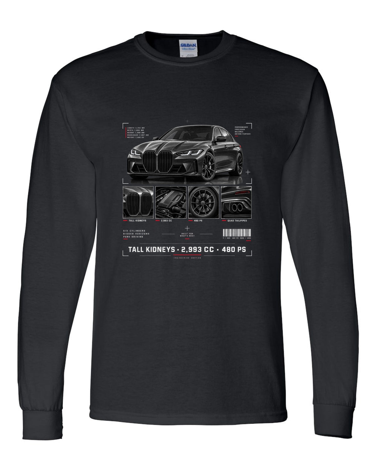 BMW G80 M3 dossier panel print with tall kidneys 2,993 cc and 480 PS black long sleeve front view with the design