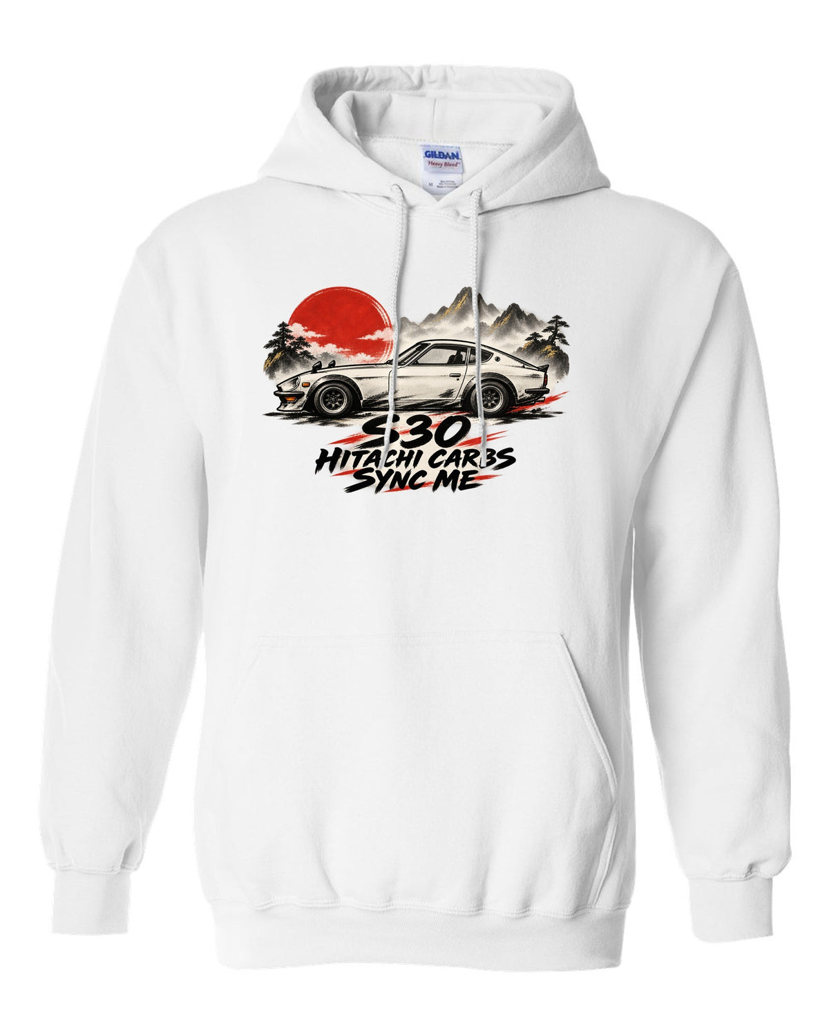 Sumi-e ink wash profile of a 1972 Datsun 240Z S30 with red accents white pull over hoodie front view with the design