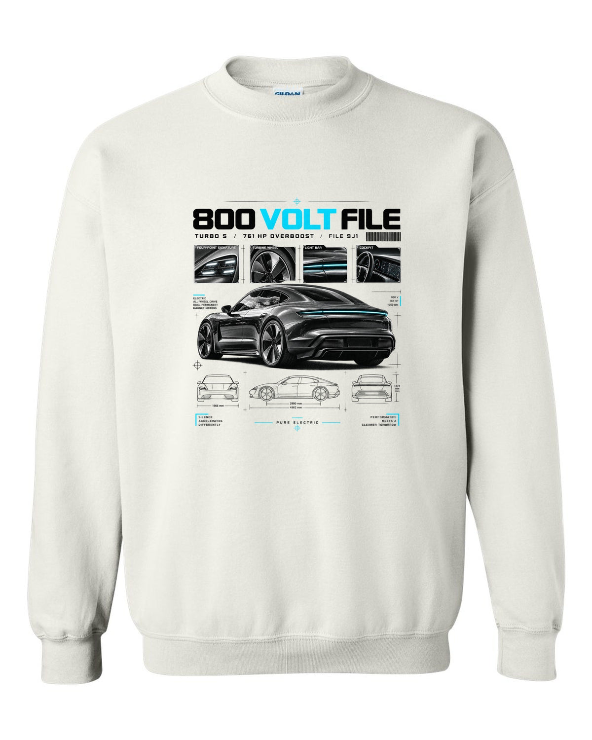 Dossier panel print of a 2020 Porsche Taycan Turbo S 9J1 with turbine wheel and light bar white crewneck front view with the design