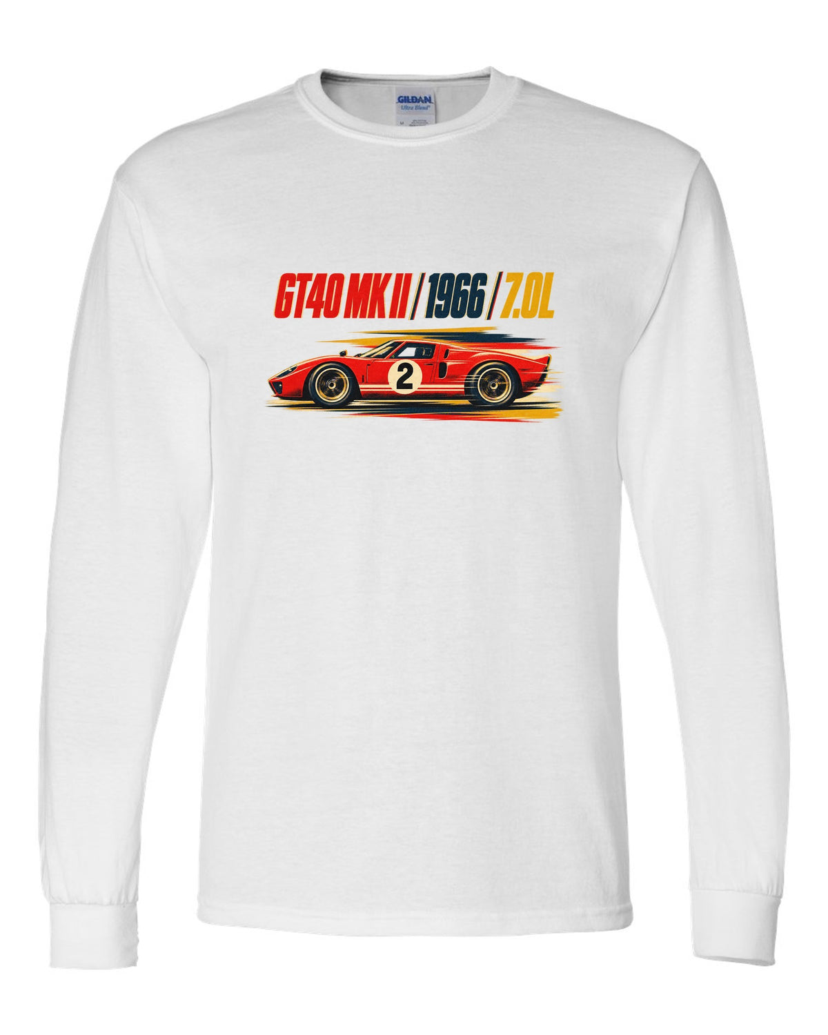 Vintage litho race poster of a 1966 Ford GT40 Mk II with 7.0L lettering white long sleeve front view with the design