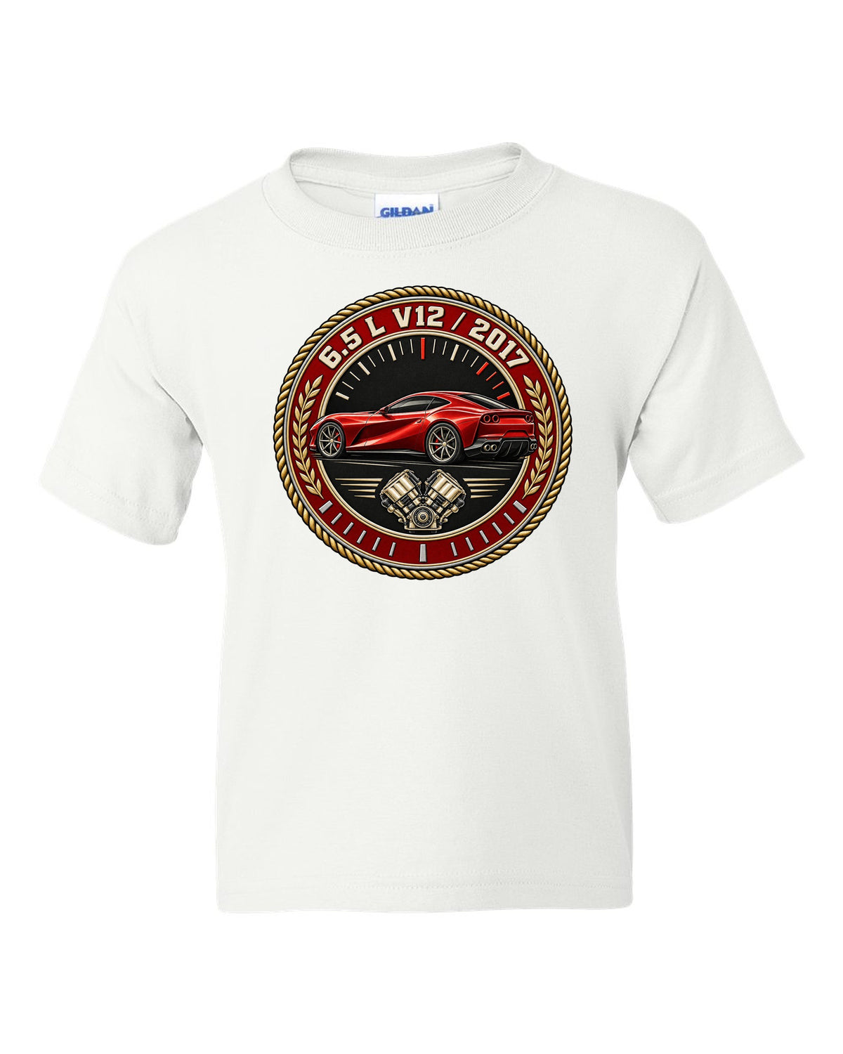 Round roundel print for the Ferrari 812 Superfast with 6.5 L V12 and 2017 lettering white kids tee front view with the design