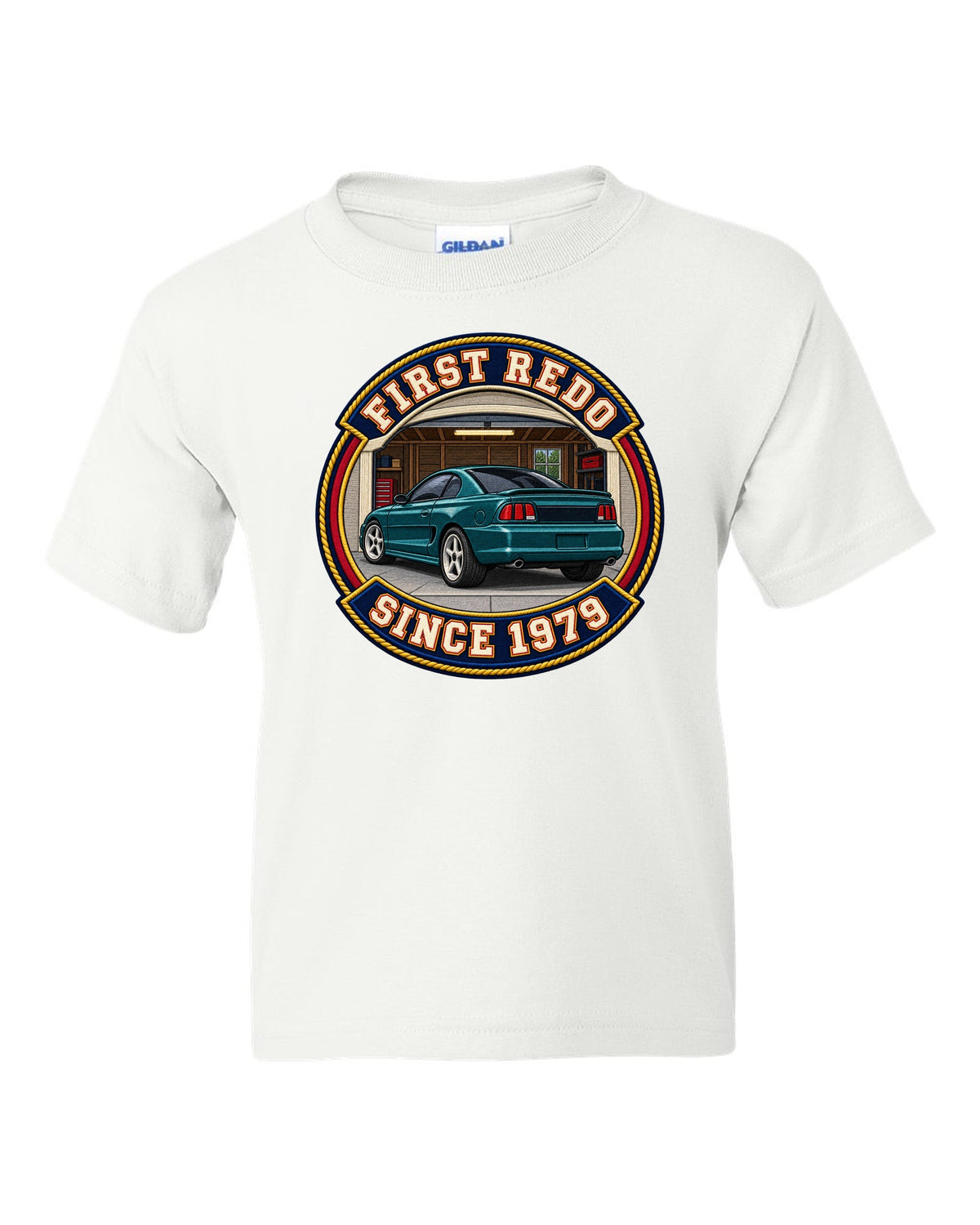 Embroidery-style varsity crest print for a 1994-98 Ford Mustang SN95 white kids tee front view with the design