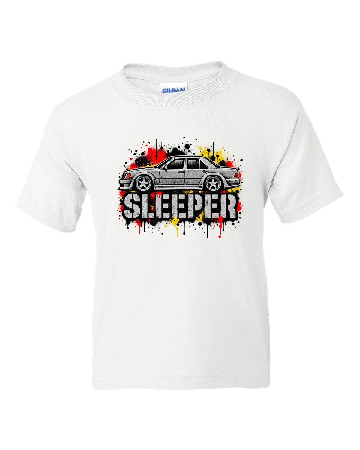Embroidery-style varsity crest of a Mercedes 300E 5.6 Hammer W124 white kids tee front view with the design